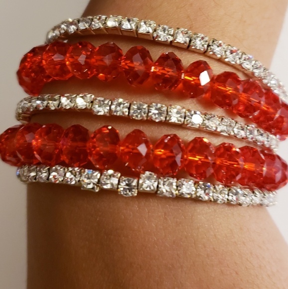 Multi Layer Red Beaded Memory Wire Bangle Bracelet - Picture 2 of 7
